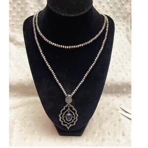 Chico's Signature Hematite Beaded Long Necklace w/Black Cat's Eye Center-NWOT